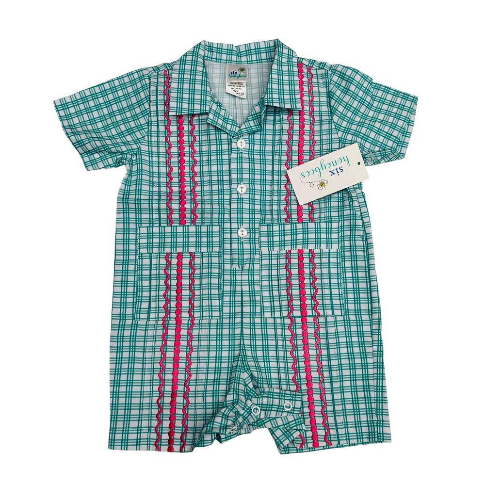NWT Six Honeybees 6M Valencia Pink Embroidered Guayabera Romper